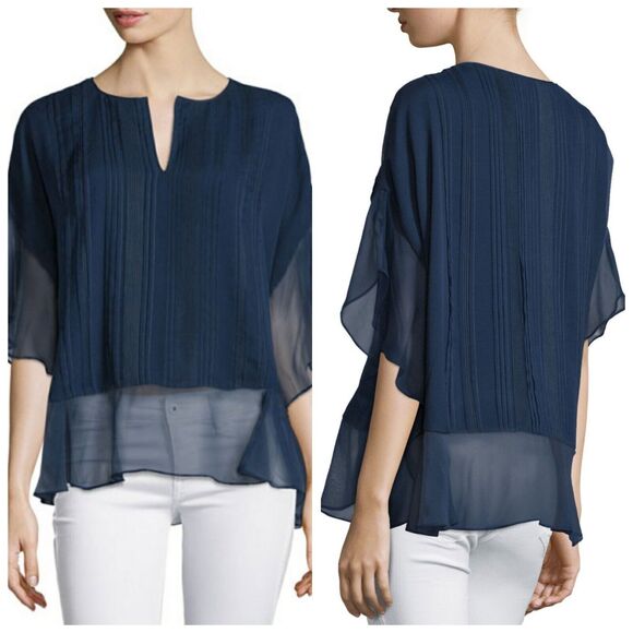 Diane Von Furstenberg Silk Navy Blue Evening Top Long Sleeve Small - Picture 1 of 8